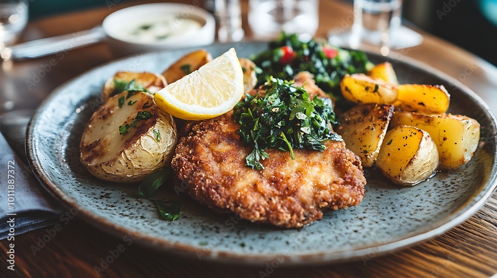 Delicious breaded chicken dish with roasted potatoes and salad Delicious breaded chicken dish with roasted potatoes and salad