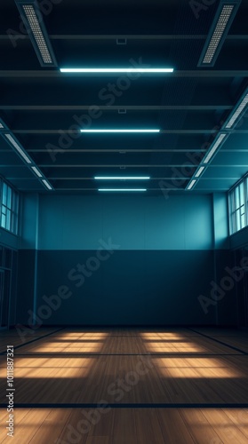 empty gymnasium, dramatic lighting, wooden flooring, modern architecture, neon overhead lights, shadows on the floor, spacious interior, minimalistic design, high ceiling, cinematic atmosphere
 photo