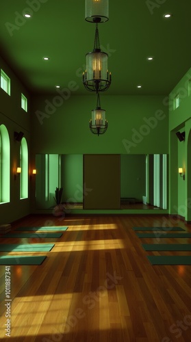 Interior of a yoga studio hall in green colors gym room Ultra realistic Photorealistic  Cinematic photography photo