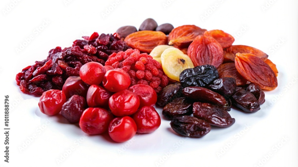 An assortment of dried fruits, including cherries, apricots, plums, cranberries, and raisins, on a white background. An assortment of dried fruits, including cherries, apricots, plums, cranberries, and raisins, on a white background.