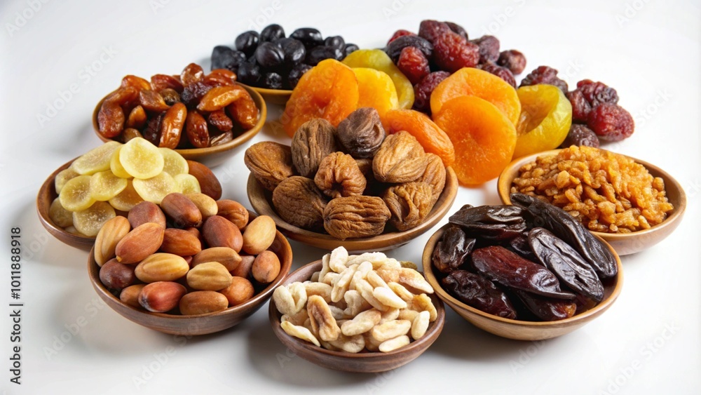 Assortment of dried fruits and nuts in bowls on white background.