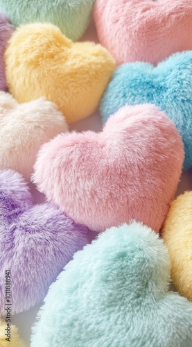 Colorful fluffy heart-shaped pillows in various pastel shades, creating a cozy atmosphere.