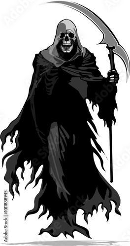 Mysterious and haunting hand drawn illustration of the Grim Reaper, symbolizing the inevitable cycle of life and death.