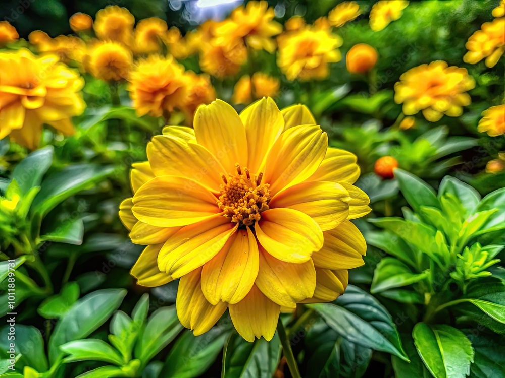 Bright and Cheerful Little Yellow Flower Plant Blooming in a Lush Green Garden Setting Outdoors Bright and Cheerful Little Yellow Flower Plant Blooming in a Lush Green Garden Setting Outdoors