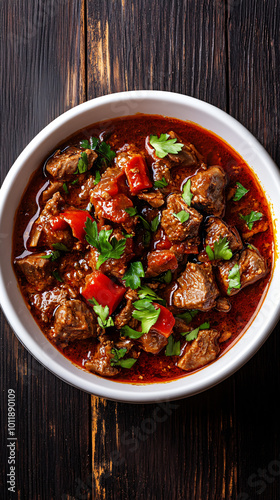 Hungarian goulash soup with beef, peppers, and herbs is served in a white bowl on a dark wooden table photo