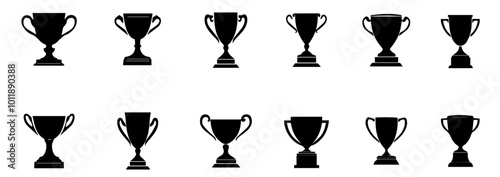 Set of black trophy silhouettes in various designs. Award cups vector set, trophy black icons, sport champion prize isolated on white background