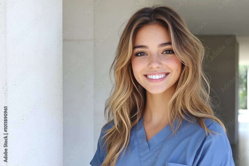 Portrait of a smiling young female healthcare professional in scrubs, standing outdoors Portrait of a smiling young female healthcare professional in scrubs, standing outdoors