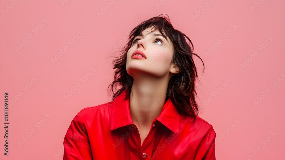 Young Woman in Red Shirt Looking Upward Young Woman in Red Shirt Looking Upward