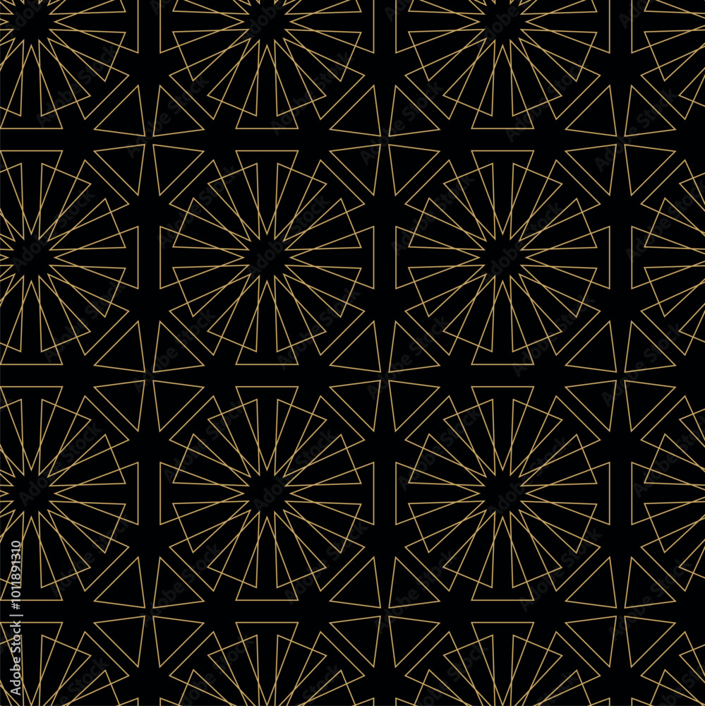 Abstract geometric pattern with circles, crosses, stripes, lines. Seamless vector background. Black and gold ornament. Modern reticulated graphic design. Abstract geometric pattern with circles, crosses, stripes, lines. Seamless vector background. Black and gold ornament. Modern reticulated graphic design.