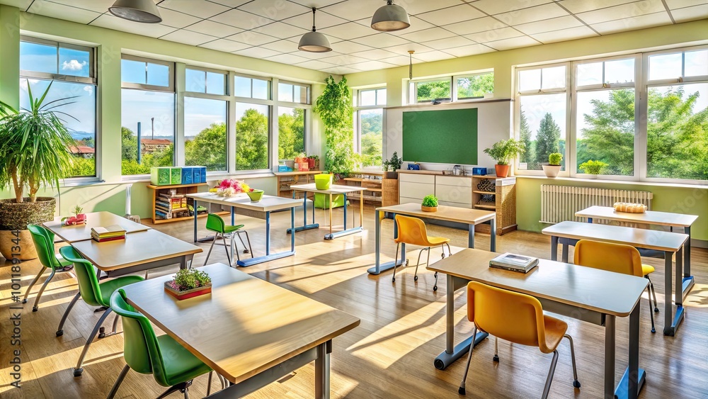 Bright and Inviting Classroom Setting with Desks, Chairs, Blackboards, and Educational Materials Bright and Inviting Classroom Setting with Desks, Chairs, Blackboards, and Educational Materials
