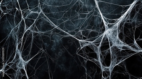 A dark background featuring intricate white spiderweb patterns.