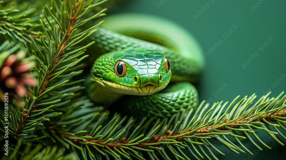 bright green snake close-up sits on spruce branches on green background. concept of 2025 chinese horoscope symbol, exotic reptile bright green snake close-up sits on spruce branches on green background. concept of 2025 chinese horoscope symbol, exotic reptile