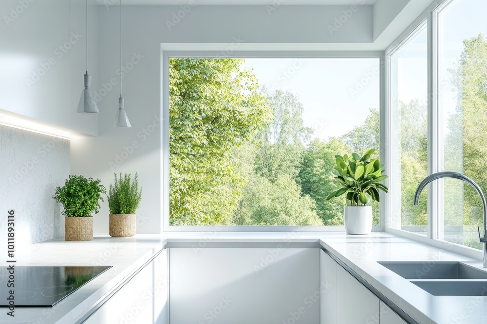Modern Kitchen Design with Panoramic Window and Stylish Interior
