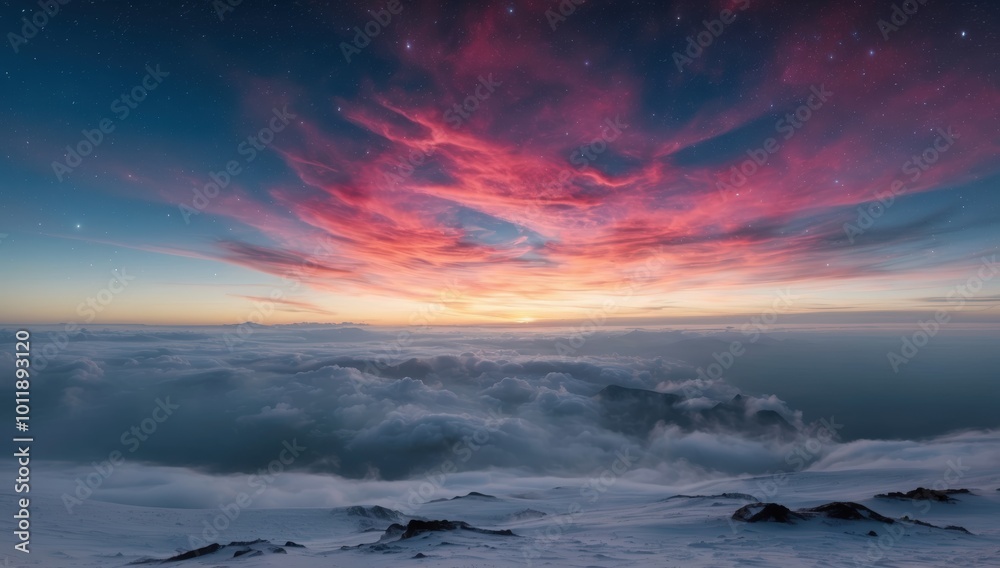Obraz premium sunset over a mountainous landscape with clouds below the peaks and a sky painted in pink, purple, and blue hues. mountain vista under a vividly colored evening sky