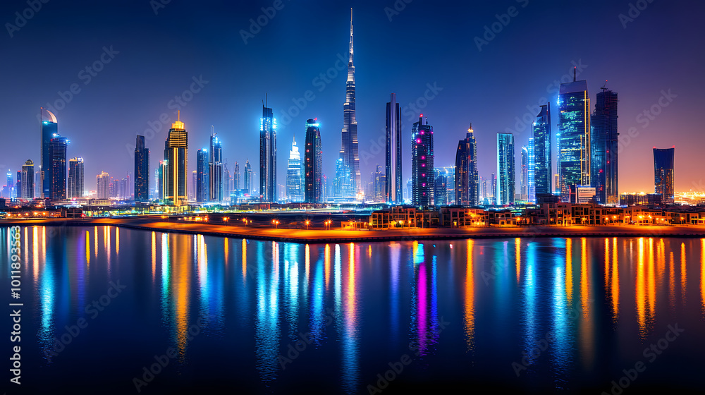 Fototapeta premium Vibrant and illuminated Dubai city skyline at night, Dubai, city, night, illuminated, lights, buildings, skyline, architecture