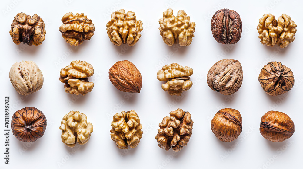 Artfully arranged nuts showcase diverse textures and shapes on a clean background Artfully arranged nuts showcase diverse textures and shapes on a clean background