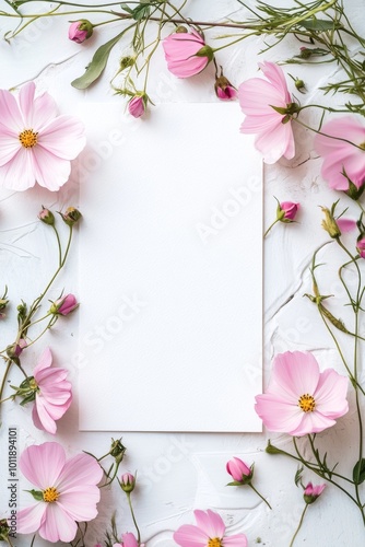 Delicate pink flowers framing a blank card on a white textured background.