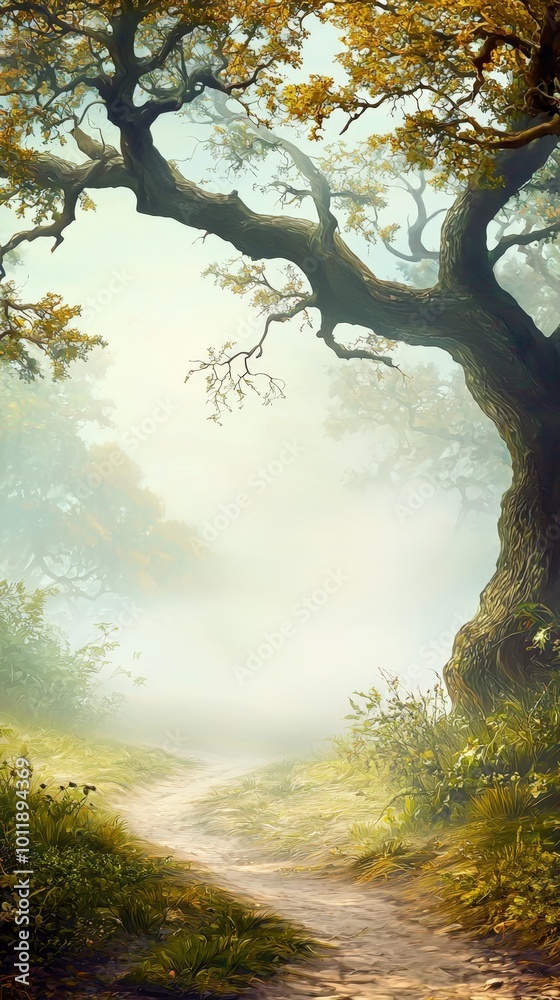 Fototapeta premium Misty forest path winding under ancient tree branches in early morning light