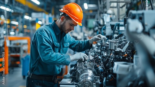 Close-up of an engineer in a hard hat inspecting a car engine on a factory floor, surrounded by complex machinery and production equipment photo