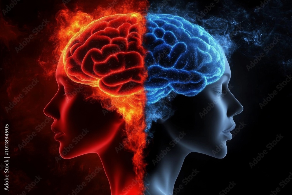 Obraz premium Representation of human duality through glowing brain imagery.