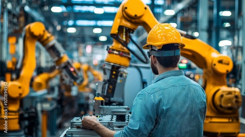 Engineers overseeing the installation of advanced robotic systems in an automotive factory, ensuring smooth integration with existing equipment