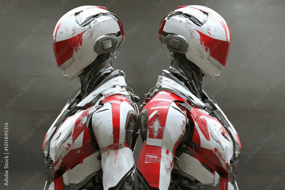 Fototapeta premium Two robotic warriors clad in red and white armor symbolize technological unity.