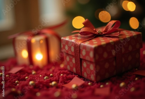 New Year's gift in red packaging with a bow on the background of a Christmas interior in warm colors - Image