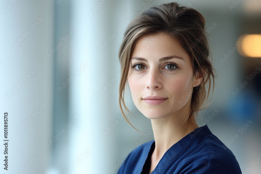 Female nurse with a neutral expression in a hospital corridor Female nurse with a neutral expression in a hospital corridor