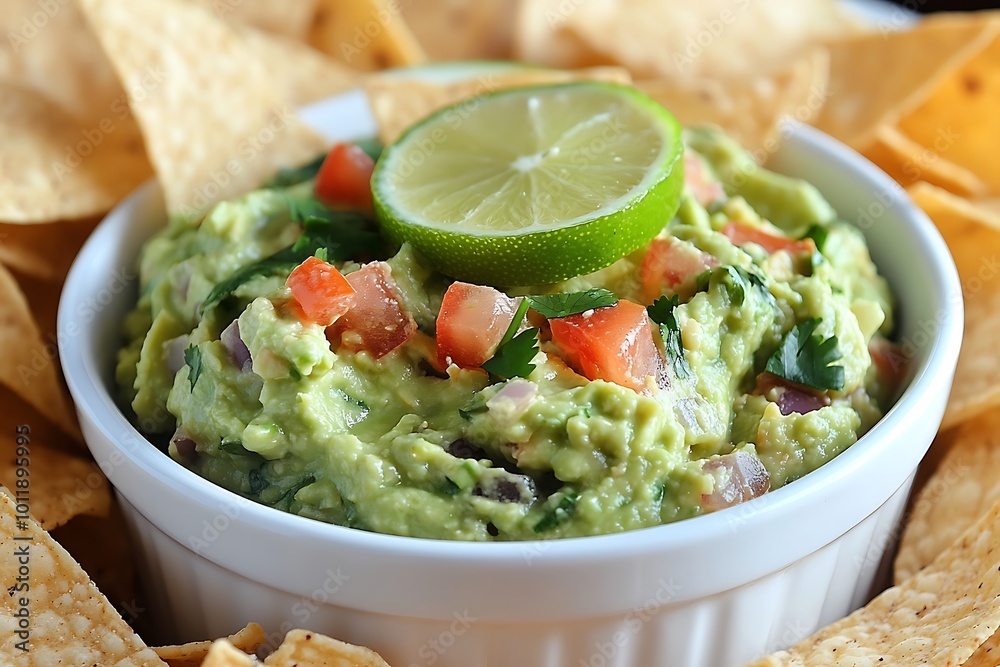 Homemade guacamole with lime and tortilla chips Homemade guacamole with lime and tortilla chips
