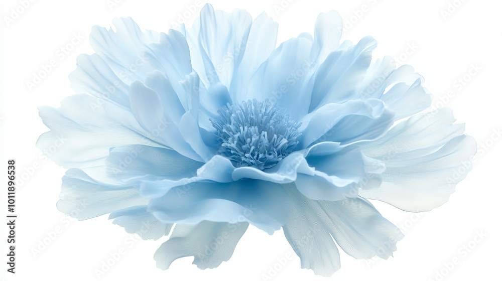 Delicate light blue flower isolated on white. It has a large and shaggy appearance. Suitable for design purposes.