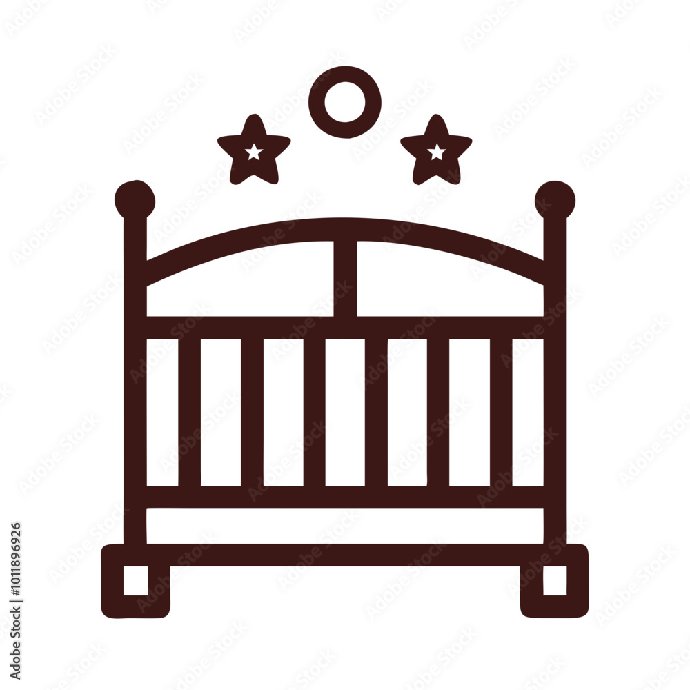 Baby crib icon with stars and moon outline in brown color. Baby crib icon with stars and moon outline in brown color.