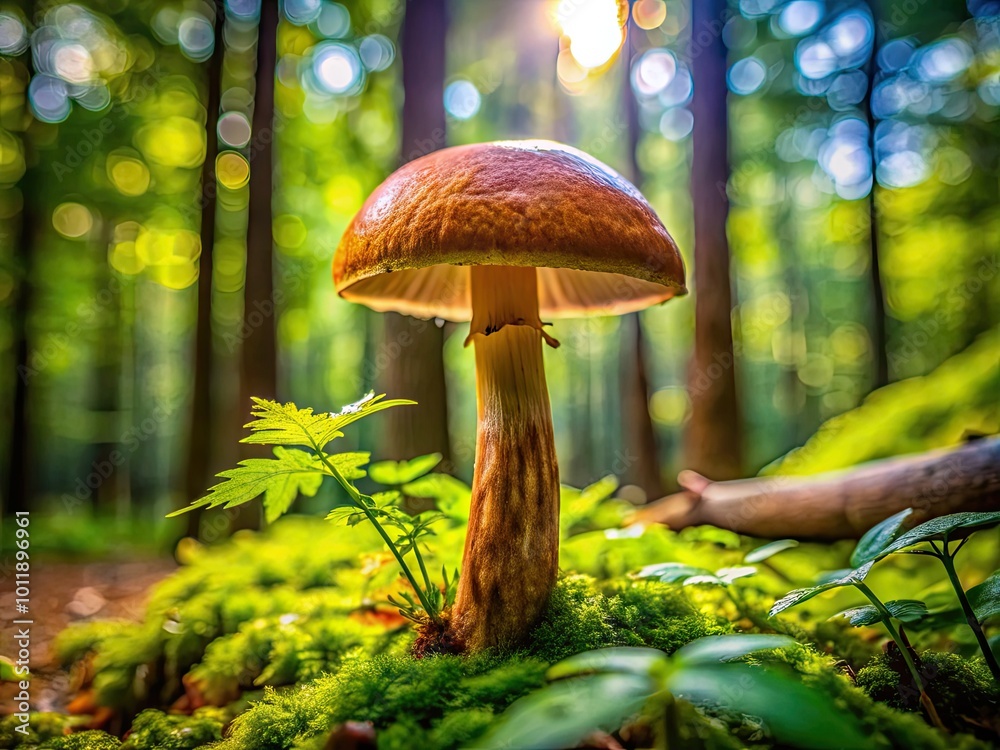 Fototapeta premium Brown Bottom Mushroom Growing in a Lush Forest Setting with Rich Green Foliage and Soft Light