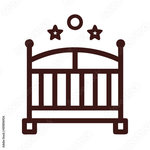 Baby crib icon with stars and moon outline in brown color.