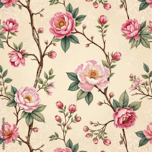 Peony floral pattern with blooming flowers and buds on a soft cream background