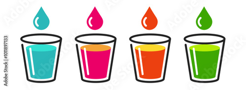 Water glass and juice cup drop icon vector set simple graphic pictogram illustration set, pink green orange red drinks beverages set image clip art line stroke modern design
