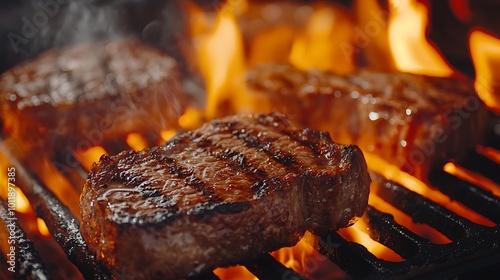 Barbecue steaks grilling over open flames