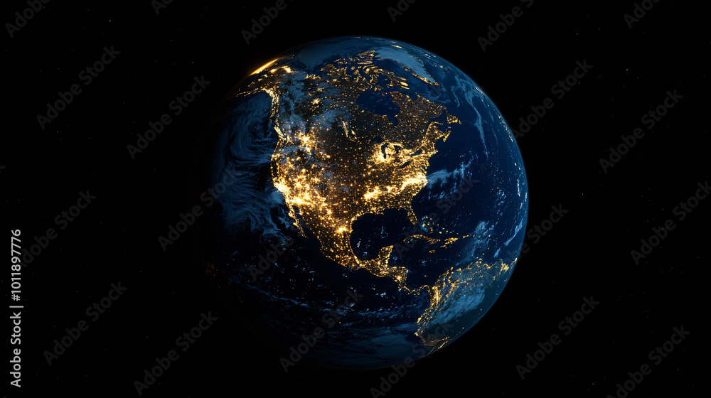glowing earth from space north america at night with city lights and celestial digital illustration glowing earth from space north america at night with city lights and celestial digital illustration