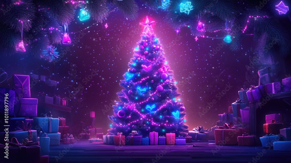 Vibrant christmas tree with neon lights and festive decor in winter wonderland scene Vibrant christmas tree with neon lights and festive decor in winter wonderland scene