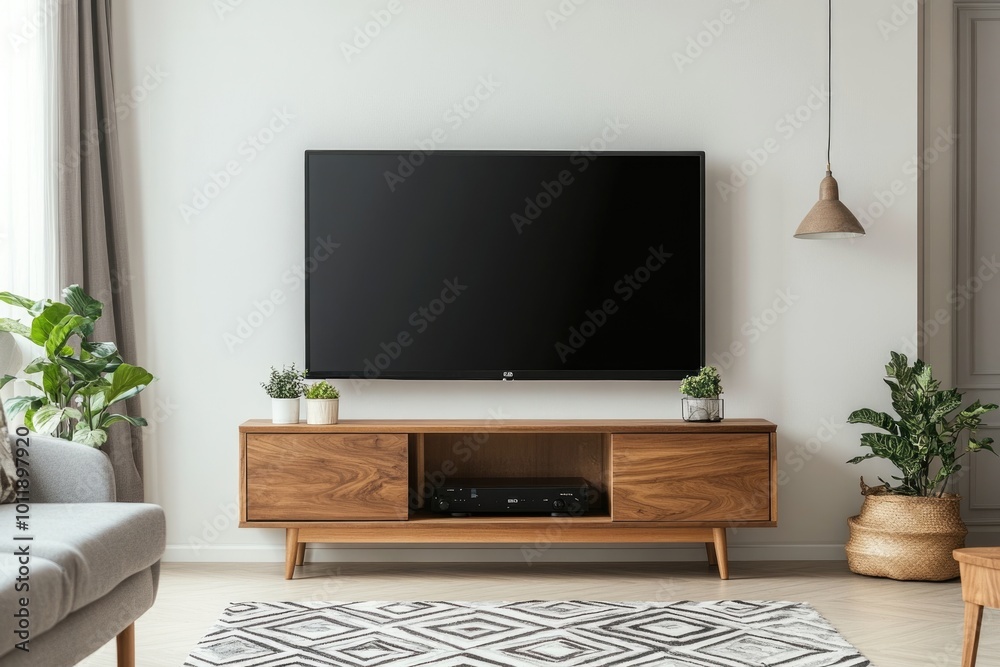 Contemporary Living Room Interior with LED TV on White Wall Cabinet Contemporary Living Room Interior with LED TV on White Wall Cabinet