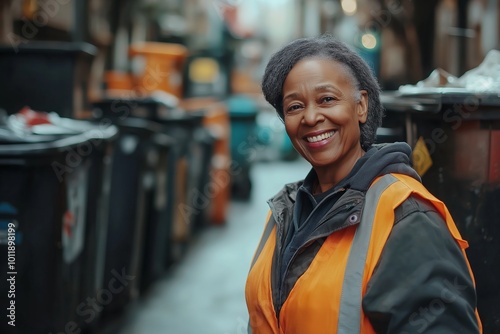 Woman in an orange vest is smiling. She is standing in front of a pile of trash. smiling middle aged female sanitation worker