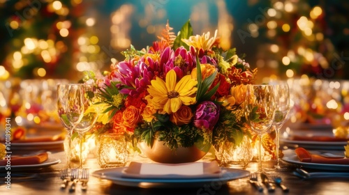 Elegant thanksgiving table setting with autumn floral centerpiece