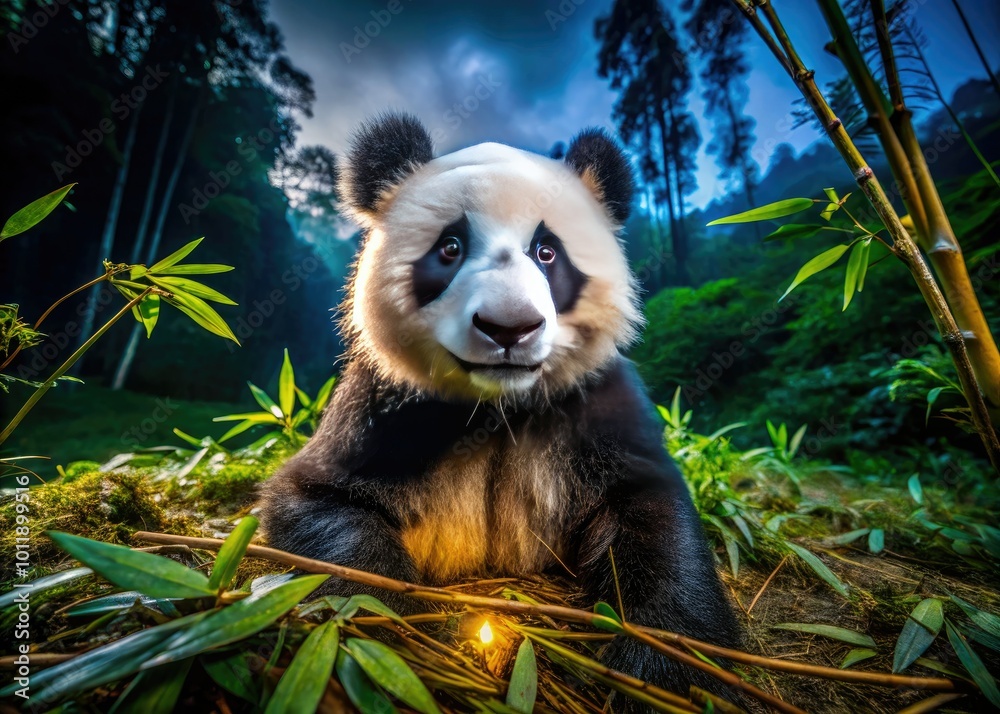 Obraz premium A charming giant panda frolics joyfully in a lush bamboo forest, showcasing its fluffy fur coat and playful spirit, radiating sheer happiness and delight.