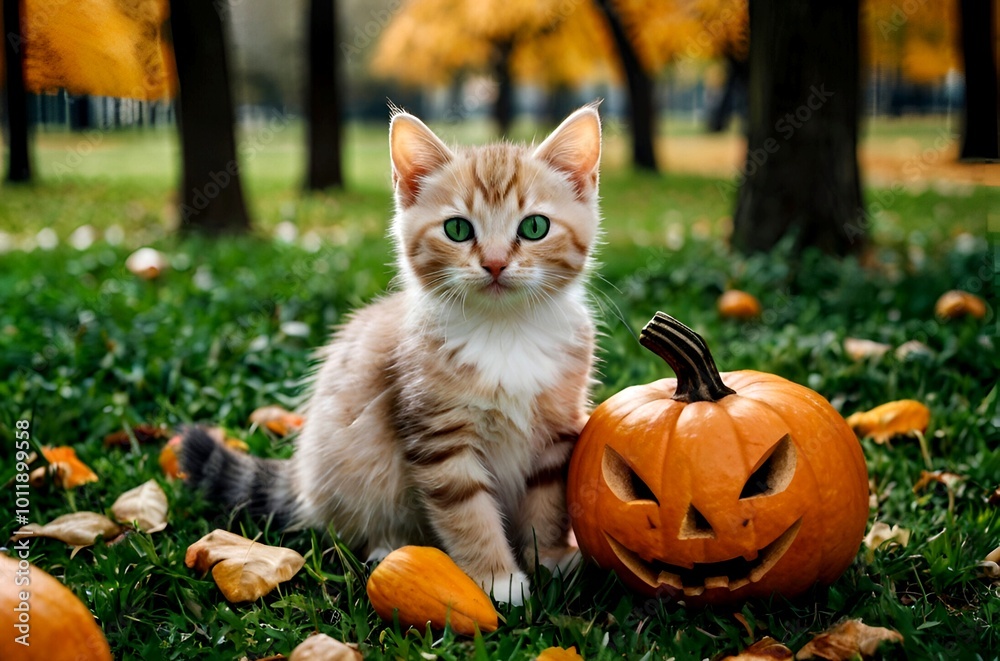 Happy halloween day and beautiful brown cat with a pumpkin Happy halloween day and beautiful brown cat with a pumpkin