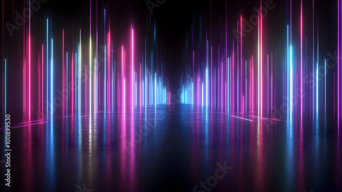 3D Render of Neon Lines Reflecting on a Smooth Dark Floor in a Futuristic Background