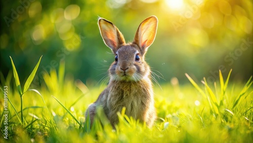 A charming long-eared rabbit sits elegantly on lush green grass, basking in the warm sunlight of a beautiful outdoor setting, exuding pure tranquility and grace.