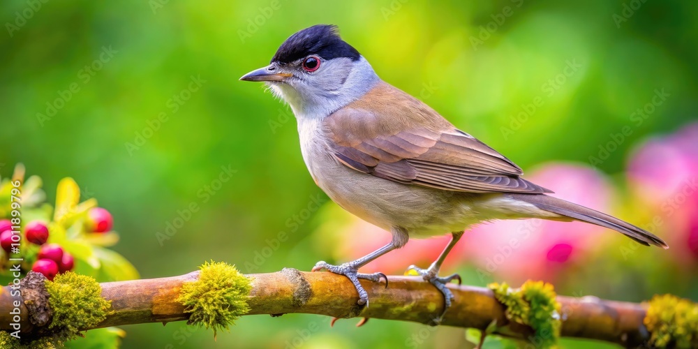 Fototapeta premium Captivating Blackcap Bird Perched on a Branch in Natural Habitat During Bright Sunny Day