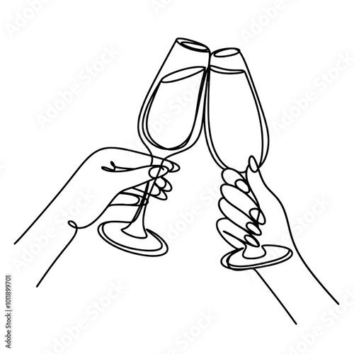 Two Hands cheering with glasses of champagne one line art drawing 