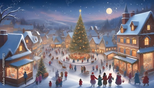 christmas tree in the village center, people around, night time