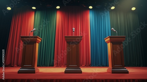 Empty stands with microphones facing each other on stage. Preparing for a debate between election candidates. Campaigning. Economic Policy Debate: Show a lively debate on economic policies. Poster photo