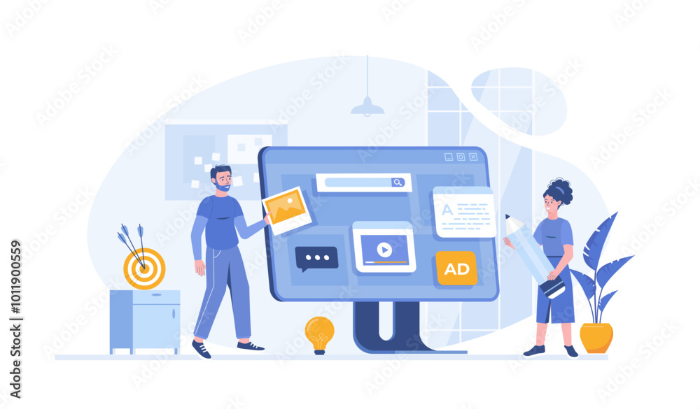 People building user interface. Content marketing. Web and app development. Writing and editing texts, photos and videos. Vector illustration with characters in flat design for web banner. People building user interface. Content marketing. Web and app development. Writing and editing texts, photos and videos. Vector illustration with characters in flat design for web banner.